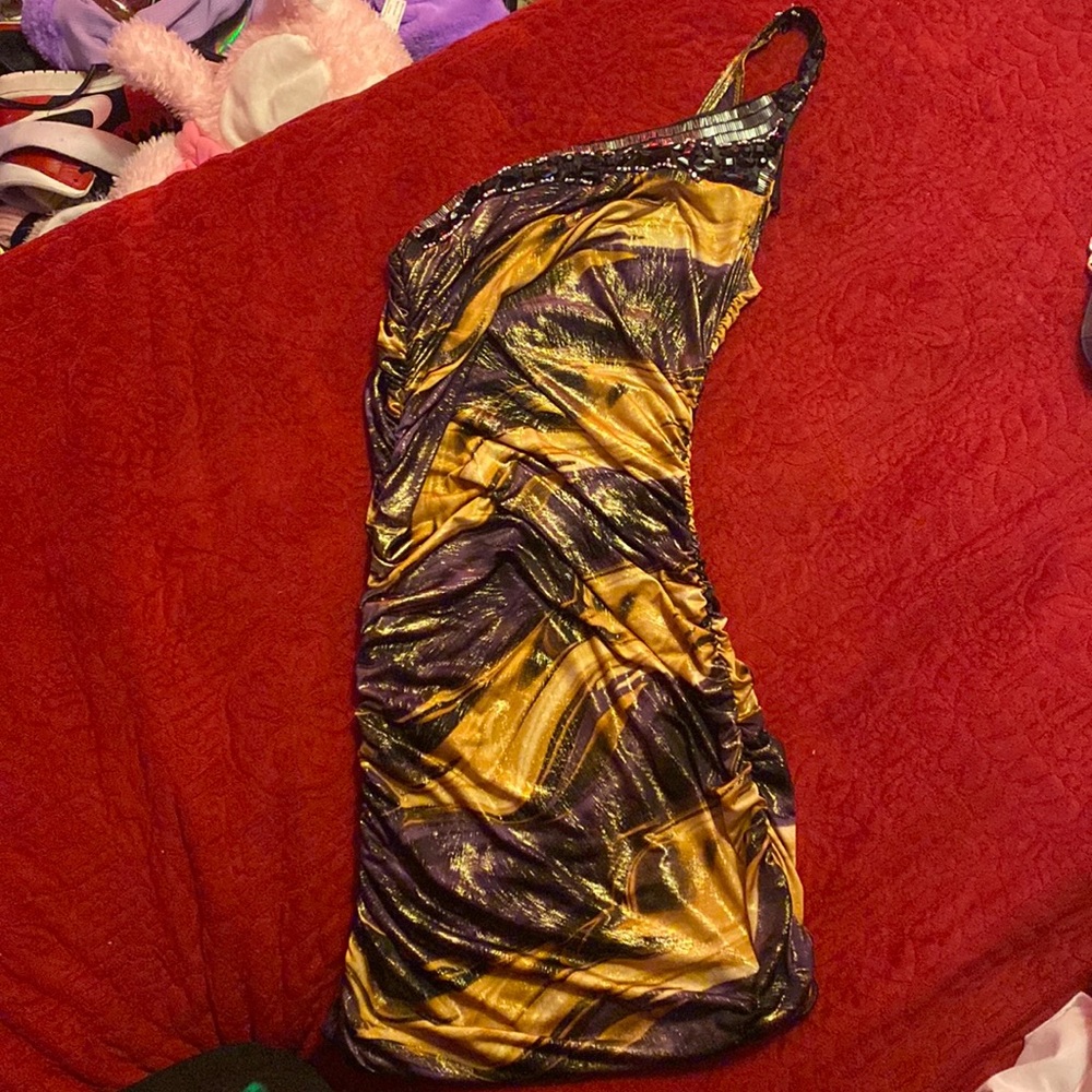 Vizio one shoulder strap dress with black and silver gems! Warn once
